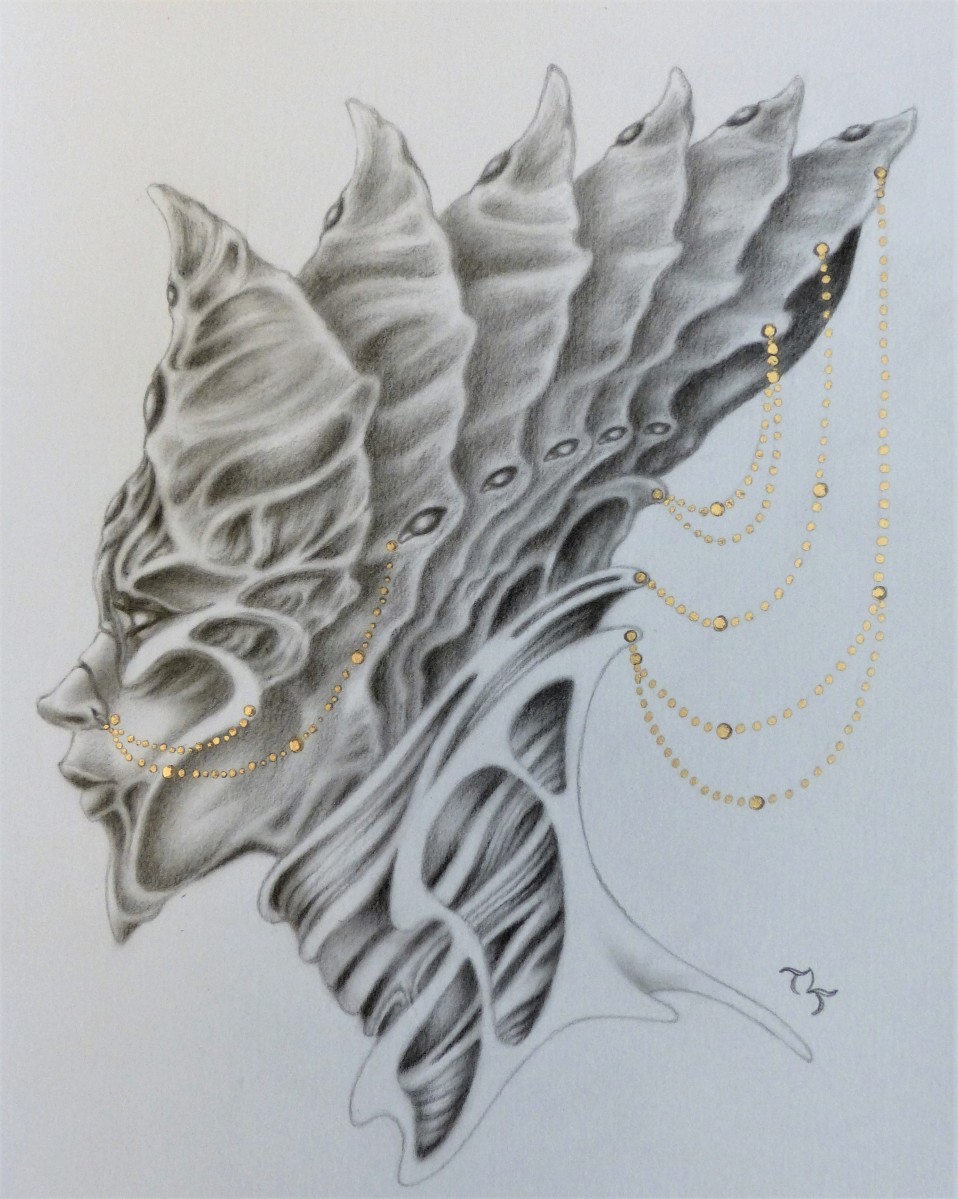 Elegante ~ Original graphite and gold ink 8x10 unframed: *Sale $175 - Reg $400 ~ 11x14 prints $25