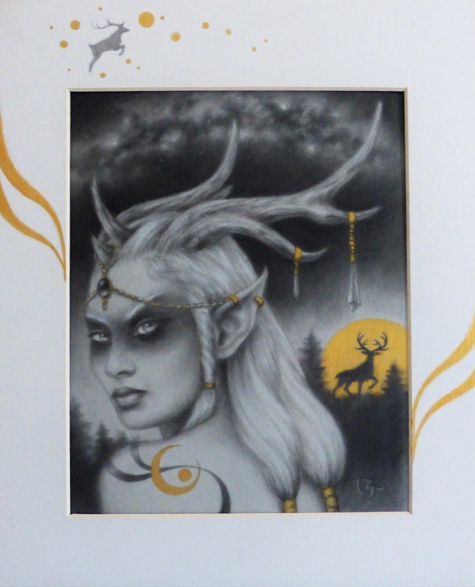 Golden Buck Moon 8x10 Graphite/Charcoal in 11x14 embellished mat ~ $350